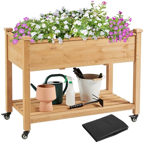 Yaheetech Huerto Urbano Elevado de Madera de Abeto Mesa de Cultivo de 2 Niveles con Ruedas Desmontables, Forro no Tejido, Ideal para Flores y Vegetales Marrón Claro 105 x 56 x 83 cm