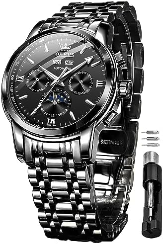 OLEVS Mens Automatic Watches Skeleton Tourbillon Mechanical Self Winding Black Luxury Dress Wrist Watch Moon Phase Day Date Waterproof Luminous Watch Gifts