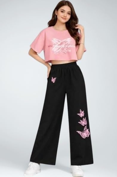 Girls Casual Cotton Outfit Crop Top Palazzo Set Butterfly Print Comfortable Daily Use