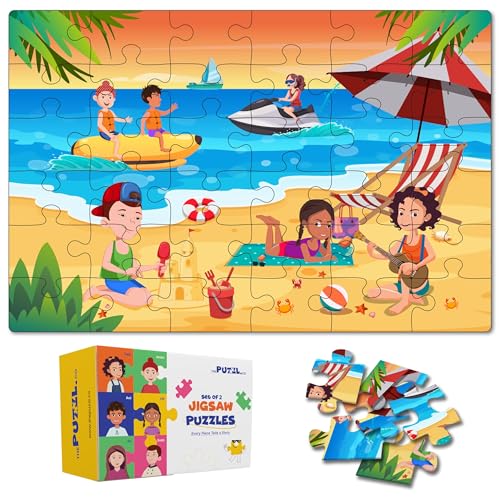Image of 2 in 1, Vacation Theme, 48 Pieces Each Jigsaw Puzzles for Kids 5+ Years, Beach & Countryside Adventure, Includes Activity Sheet, Educational Toy & Birthday Gift for Boys & Girls