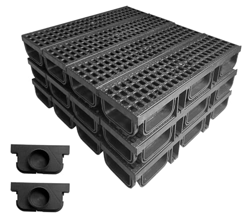 Natotela HDPE Trench Drain System-19.7Lx5.5Wx3.7H in. Channel Drain with Grates, 12 Pack Total Length 236.3 in, Yard Drainage System with 2 Outlet Adapters for Outdoor,Yard Fence,Sidewalk,Patio