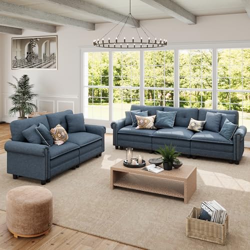 SUNSHINE VALLEY 2-Piece 5-Seater Cloud Modular Sofa Set with Extra Deep & Wider Cushions, Oversized Mid-Century Modern Couch Set with Loveseat and Throw Pillows for Living Room, Linen Cyan