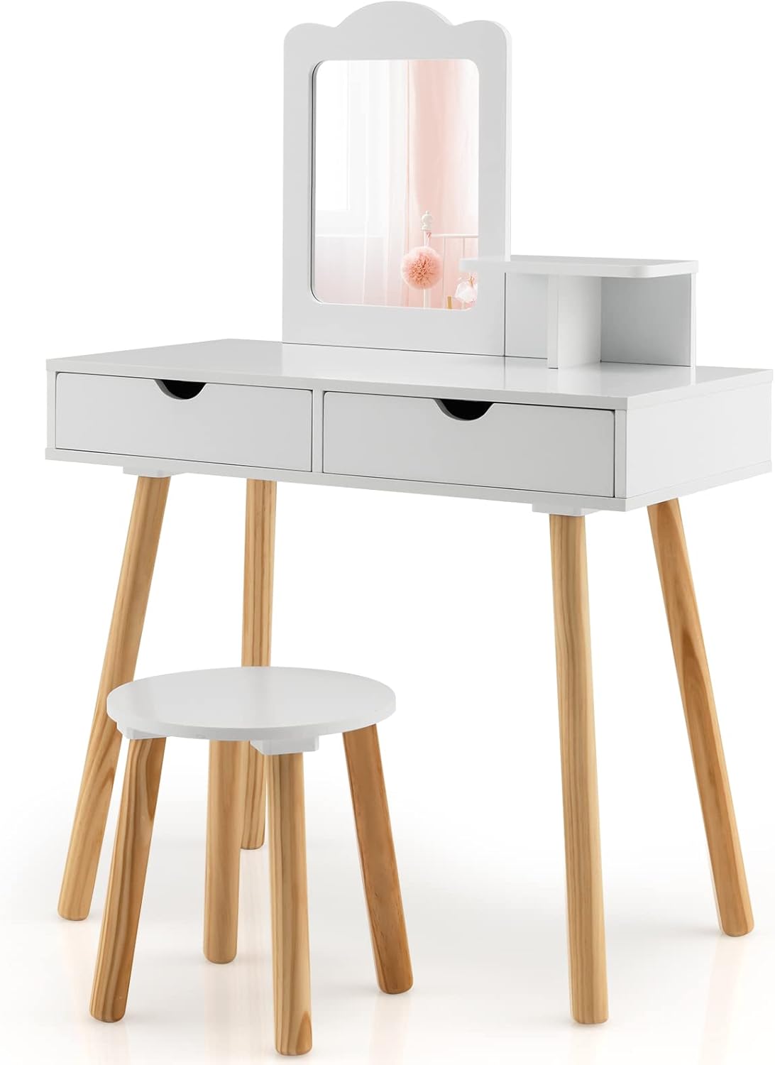 GYMAX Kids Vanity Table and Stool Set, Wooden Children Dressing Table