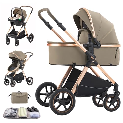 Shineey Kinderwagen 3 in 1, Kinderwagen Buggy Faltbarer Kinderwagen Set, Kombikinderwagen 3 in 1 mit Großer Bequemer Babywanne, Kinderwagen Rahmen Aluminiumlegierun