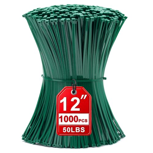 Image of Zip Ties 12 inch, 1000 Pack Green Zip Ties,Green Cable Ties Self-Locking Nylon Cable Ties with 50 lb Tensile Strength,Wire Ties for indoor and outdoor use.