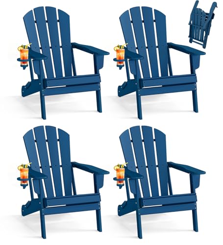 BRIOPAWS Folding-Adirondack-Chairs Set of 4 | HDPE Plastic | Fire Pit Chair | Cup Holder | Curved Back | All Weather | for Outdoor Backyard Deck Patio | Blue