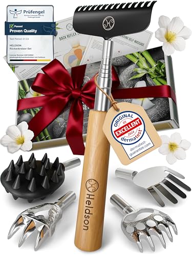 HELDSON Extendable Back Scratcher [5 Scratching Heads] - Bear Claw Scratchers with Wooden Handle - Telescopic Backscratchers for Adults - Scalp Tickler Massage Tool - Gifts for Men & Women