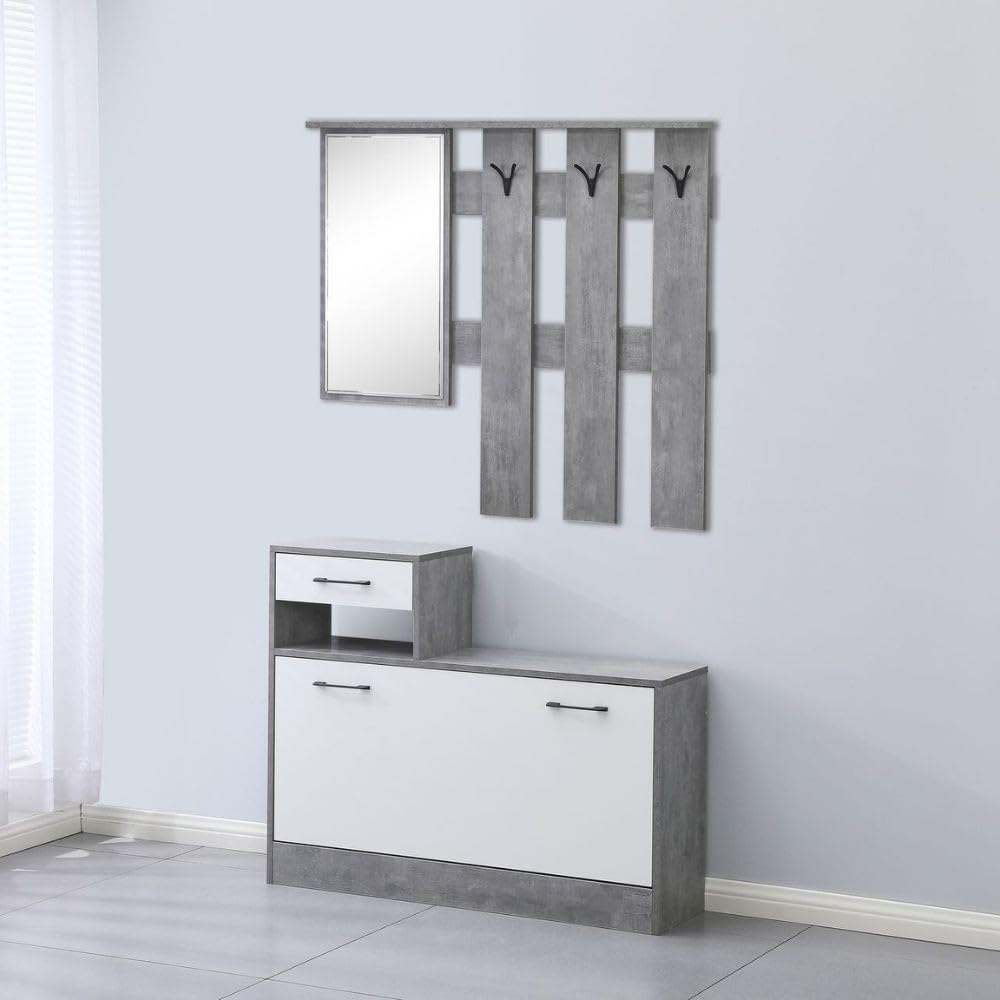 Mueble entrada con espejo y perchero en cemento y blanco 100 cm - Rudolf XL