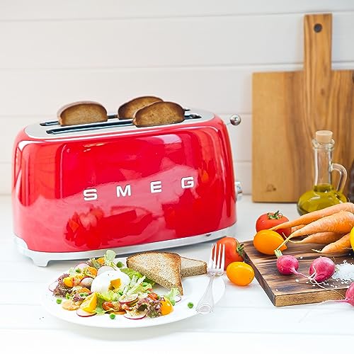 Image of Smeg Toaster, 2 Extra Wide Slot for 4 Slices, Original Italian Brand, Auto Center for Even Browning, Smart Crumb Tray, Multi-Use: Defrost, Reheat & Bagel, 6 Toast Levels, 1500W, TSF02RDEU, Red