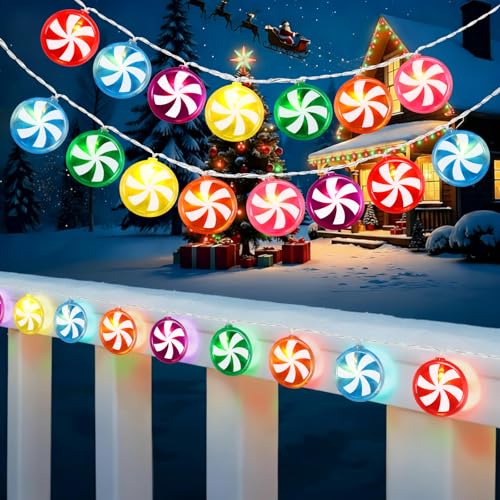 Gejoy 2 Pcs 11 ft Christmas Candy String Lights Decoration 21 LED Battery Operated Fairy Lights in 7 Colors Peppermint Lollipop Sugar Bulbs Outdoor Indoor Birthday Wedding