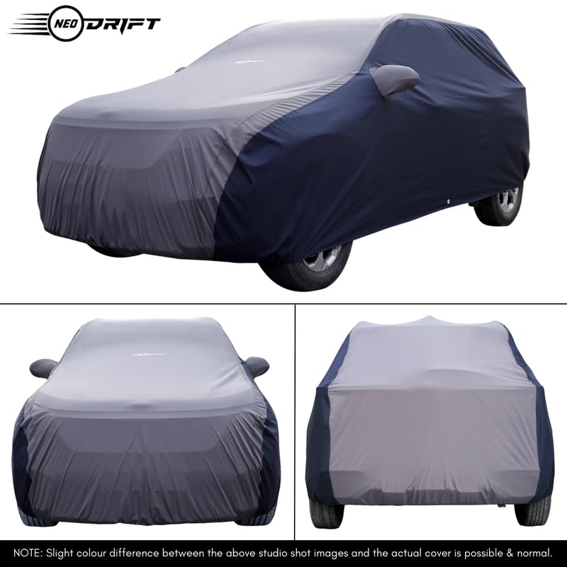 Image of NEODRIFT 'SuperTech' Car Cover for Maruti Suzuki Victoris (100% Water-Resistant, All Weather Protection, Tailored Fit, Multi-Layered & Breathable Fabric) (Colour: L.Grey+Blue)