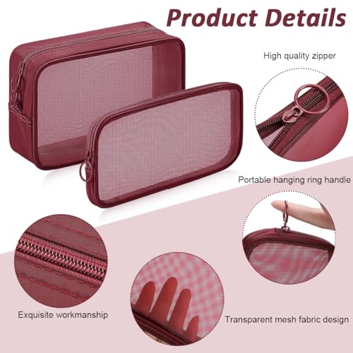 Image of MAYCREATE 4Pcs Zipper Pouches Combo 4 Sizes Mesh Zipper Pouches Makeup Stylish Burgundy Red Cosmetic Bags Cash Bags Nylon Mesh Accessories Organizer