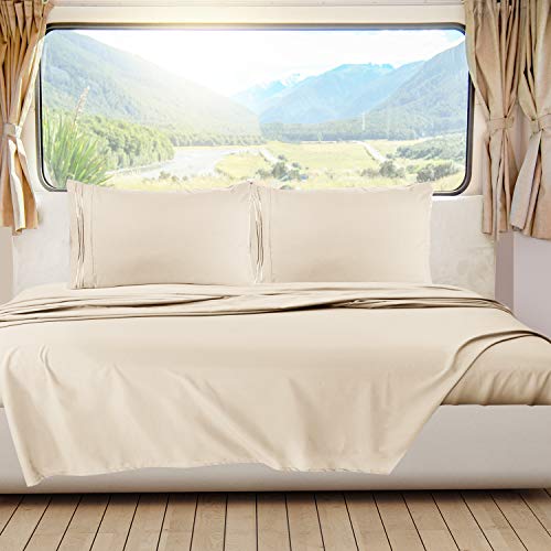 Image of Nestl Beige Cream Short Queen Sheets for RV, Hotel Luxury RV Queen Sheets Set, 6 Piece Fitted Bed Sheet Set and Pillowcases, Super Soft, Wrinkle-Free, and Breathable Camper Bedding