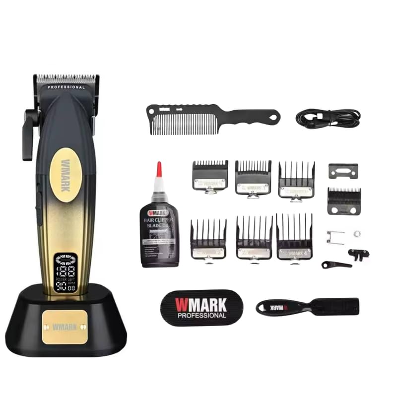 Image of WMARK NG-8038 Ultra-Premium Professional 9000 RPM 2 Speed Hair Clipper Set Zinc Alloy Body Digital Display 6 Guide Comb Taper Lever Cutting Cape Cleaning Brush Hair Brush & Sticker 240 min, Model 23