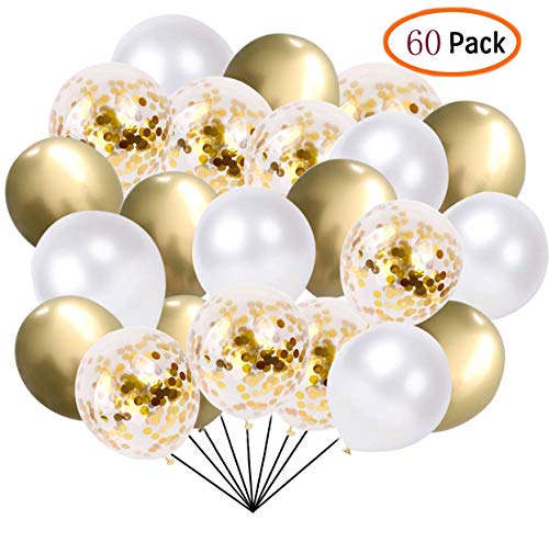 60 Pcs Pack-White, Gold, Golden Confettii Balloons?Set for Father's Day Weddings Birthday Party Decoration,Bridal & Baby Showers Balloons 12 Inch