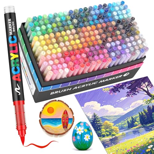 Guangna 240 Acrylic Paint Markers, Brush Tip Acrylic Paint Pens, Quick-Drying Waterproof Ink, for Rock Painting Plastic Wood Canvas Glass Ceramic Metal Art Crafts Supplies Gift