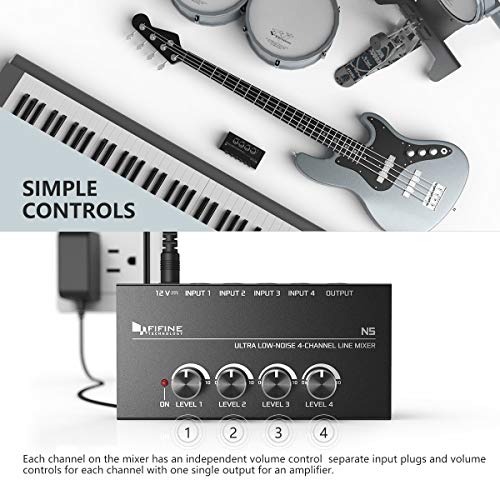 Fifine Ultra Low-Noise 4-Channel Line Mixer For Sub-Mixing,4 Stereo Channel Mini Audio Mixer With Ac Adapter.ideal For Small Club Or Bar. As Microphones,Guitars,Bass,Keyboards Or Stage Sub Mixer-N5 #TOP4