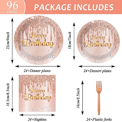 Image of ZOIIWA 96 Pieces Happy Birthday Tableware Set for Pink Rose Gold Table Decorations Supplies Dessert Plates Napkins Forks Women 24 Guests Disposable Party Favors
