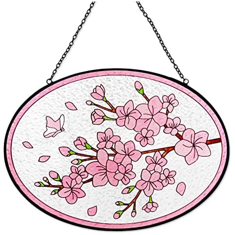 Cherry Blossom Stained Glass Suncatcher Sakura Flower Window Hanging Spring Wall Home Decor Colorful Glass Ornament Petals Butterfly Gift for Her Mom Grandma Girlfriend Nature Lovers 9.4*6.7” Cover