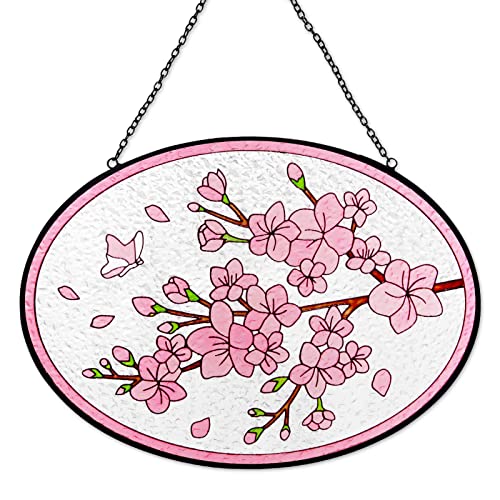 桜 ステンドグラス クリスマス 冬 ピンク サンキャッチャー 9.4*6.7インチ 桜の花 窓 吊り下げ 壁 ホームデコレーション カラフルなガラスパネル オーナメント Bデイギフト 彼女 お母さん おばあちゃん 先生 自然愛好家に