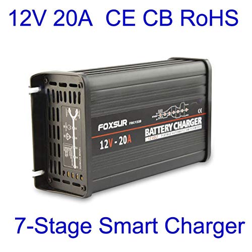 Formulaioue FOXSUR 12V 20A Cargador de batería automático para automóvil 7 etapas Smart Lead Acid Pulse Repair Cargador de batería MCU Maintainer Charger-Black EU
