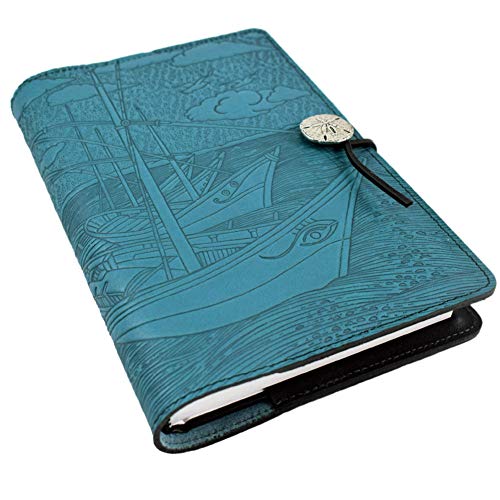 Van Gogh Boats Embossed Leather Writing Journal In Turquoise Blue, American Made, 6 X 9-Inch + Refillable Hardbound Insert Book #TOP13
