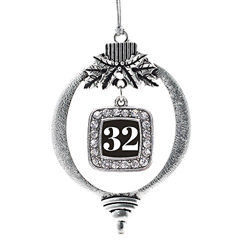 Inspired Silver - Sport Number 32 - Silver Christmas Ornament - Square Charm Christmas Tree Ornament with Cubic Zirconia - Holiday Hanging Decoration