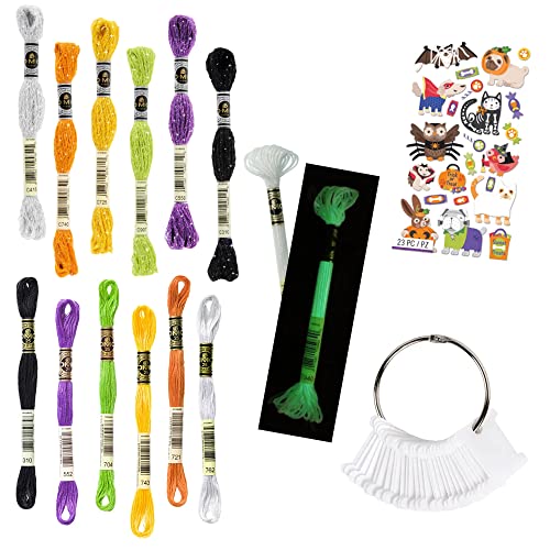 Glow In The Dark Embroidery Floss Set With Bobbins -13 Assorted Halloween Themed Skeins - 6 Plain, 6 Sparkly & 1 Glow, Plus Journal Stickers #TOP26