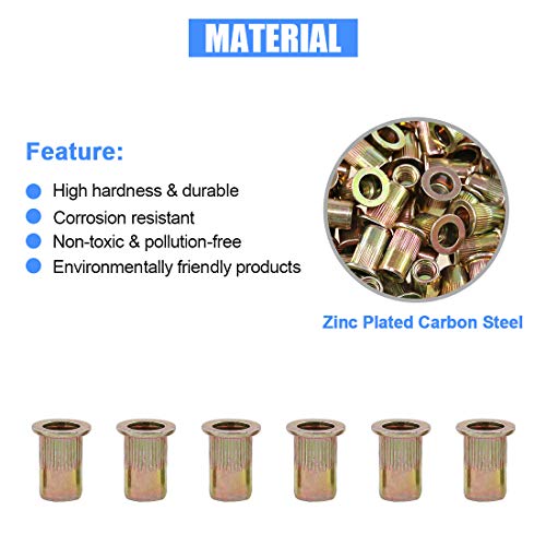Glarks 100Pcs 1/4\"-20UNC Zinc Plated Carbon Steel Rivet Nut Flat Head Rivnut Threaded Insert Nuts Set (1/4\"-20UNC)