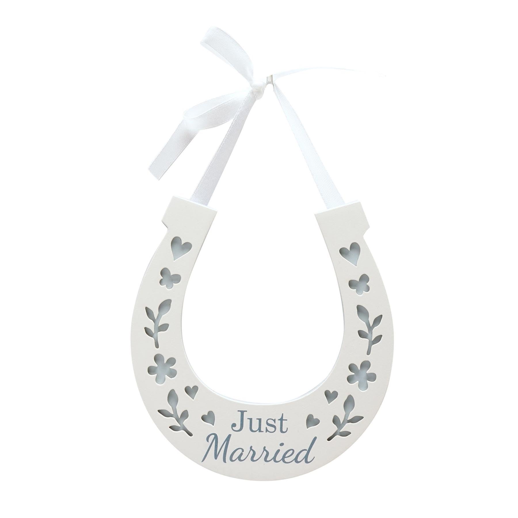 Wedding Horseshoe Wooden with Blue Die Cut Pattern - Just Married