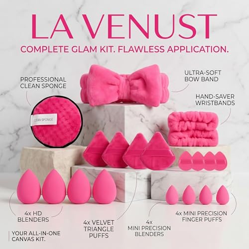 Image of 20pc Essential Makeup Sponge Kit Set - Soft-Touch Makeup Sponges for Cream & Liquid - Aesthetic Bow Spa Set & Wristbands - Under-Eye Precision Puffs & Blender Cleaner - Complete Beauty Organizer Kit for Girls & Women (Cyber Pink Edition)