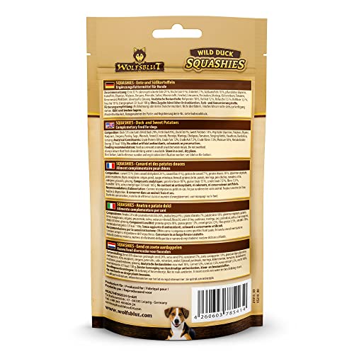 WOLFSBLUT – Wild Duck Squashies | Softe Snacks mit natürlichen Zutaten und wertvollen Superfoods für ausgewachsene Hunde. Getreidefreier Hundesnack ohne Zusatzstoffe im Beutel | 8x100g Ente