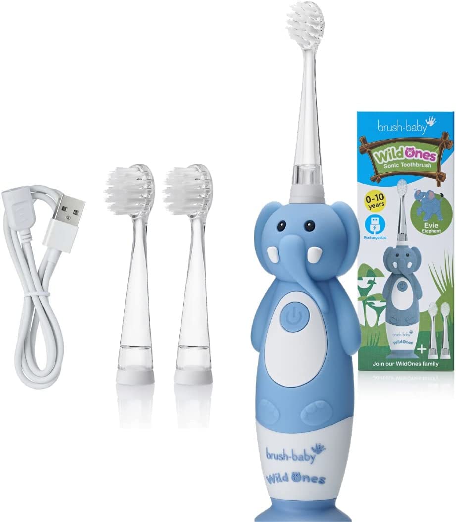 Brush-Baby WildOnes Brosse à dents électrique, rechargeable, pour enfant, motif éléphant, 1 poignée, 3 têtes de brosse, câble de charge USB, pour enfants de 0 à 10 ans (éléphant)