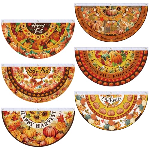 6 Pcs Hello Fall Bunting Flag Thanksgiving Pumpkin Welcome Fall Outdoor Half Banner Happy Harvest Autumn Pumpkin Squirrel Pattern Bunting Flag for Thanksgiving Garden Decor 1.5 x 3 ft