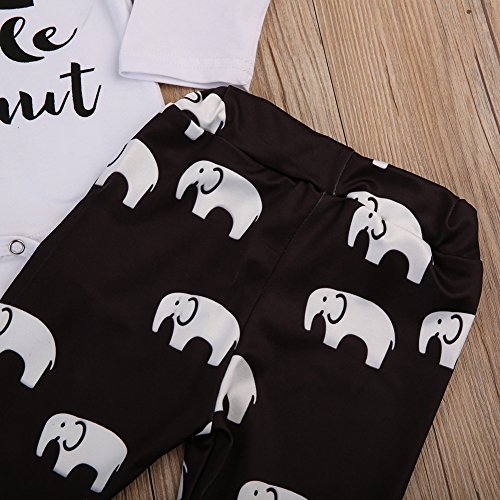 Newborn Baby Boy Girl 2Pcs Set Outfit Long Sleeve Peanuts Romper Bodysuit And Elephant Long Pants (0-3 Months, White+Brown) #TOP5