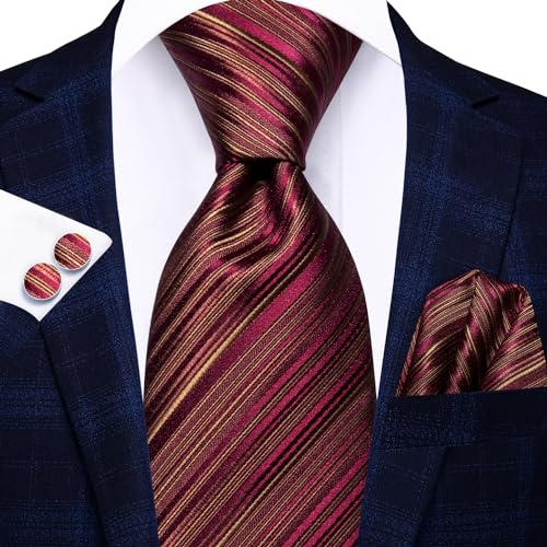 Image of Hi-Tie Silk Ties for Men Plaid Paisley Striped Necktie Pocket Square Cufflinks Set Formal Business