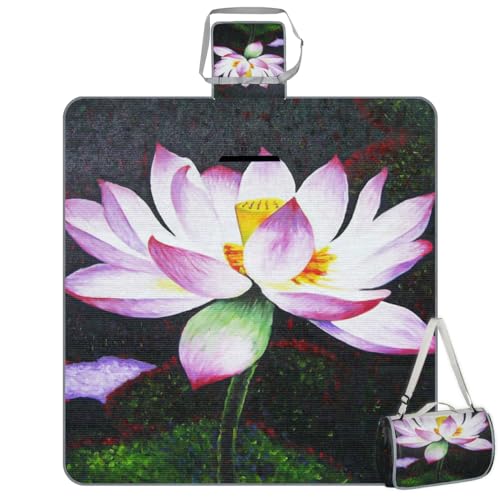 Shimoshe Picnic Blankets 57”x 59”, Oil Painting Lotus Waterproof Sandproof Picnic Mat Lightweight Foldable Beach Blanket for Camping Park Grass Beach Outdoor Blanket