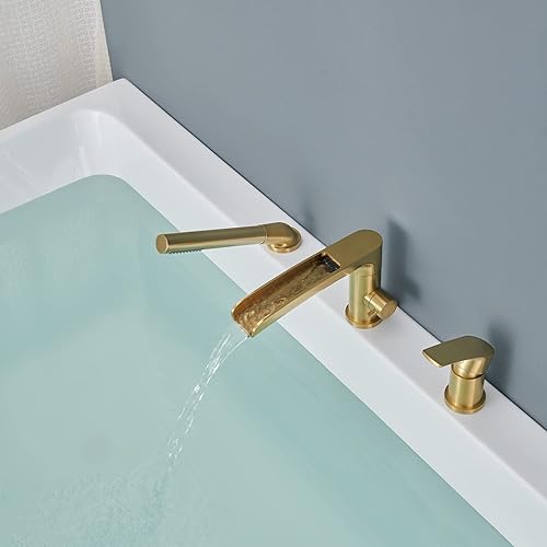 Miniatura 3 de Grifo de bañera romana en cascada de oro cepillado, grifos de bañera de latón con ducha de mano