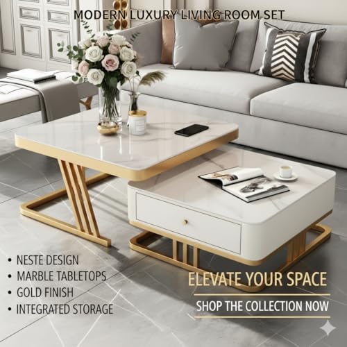 Image of 20 inchx20 inch Handmade Drawer Square Coffee Table /Nesting Table /Side Table /Center Table with Marble Finish Top for Living Room /Drawing Room