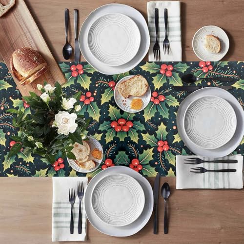 Image of Dining Table Mats Set of 6 with 135 cm Runner - Cherry Christmas Leaves Theme,Digital Print, Washable, Indoor /Outdoor, Heat-Proof, Wipe & Clean (47X33 cm) Red & Green