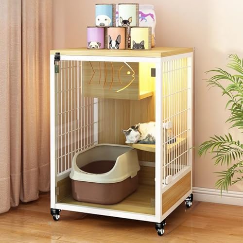 猫ケージ キャットケージ 屋内 猫用キャビネット MumuElf 猫小屋 スライドドア プラットフォームラダー付き 木製バックボード付き 金属フレーム 1〜2匹の猫用 (64*60*98cm,A)