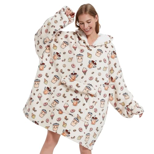 Mewkou Wearable Blanket Hoodie for Adult Oversized Sherpa Fleece Blanket Hoodie for Women Men Coffee