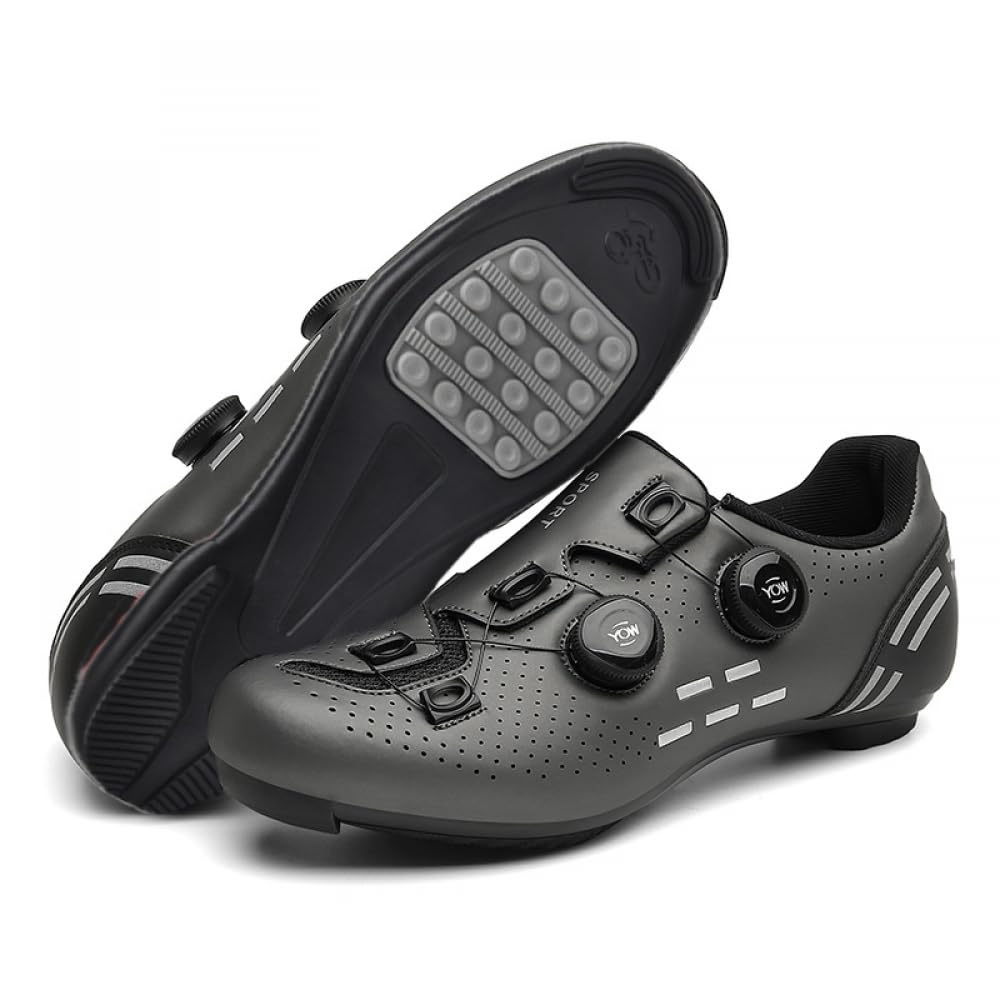 Buty rowerowe dla mężczyzn i kobiet, oddychające gumowe dno, buty rowerowe, antypoślizgowe trampki do roweru szosowego, płaskie pedały, spinningowe, do użytku wewnątrz i na zewnątrz, Szary, 40 EU