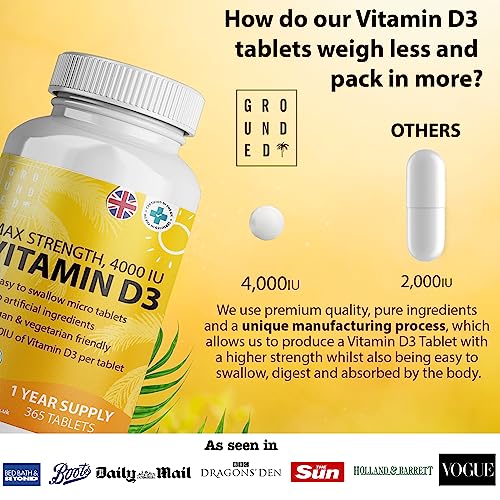 Vitamin D3 4000 IU Micro Tablets - 365 Day Supply, Easy to Swallow High Strength Premium Sunshine Vitamin | Max Strength Vitamin D Supplement, Vegetarian & Vegan Friendly, Made in UK by Grounded - Image 5