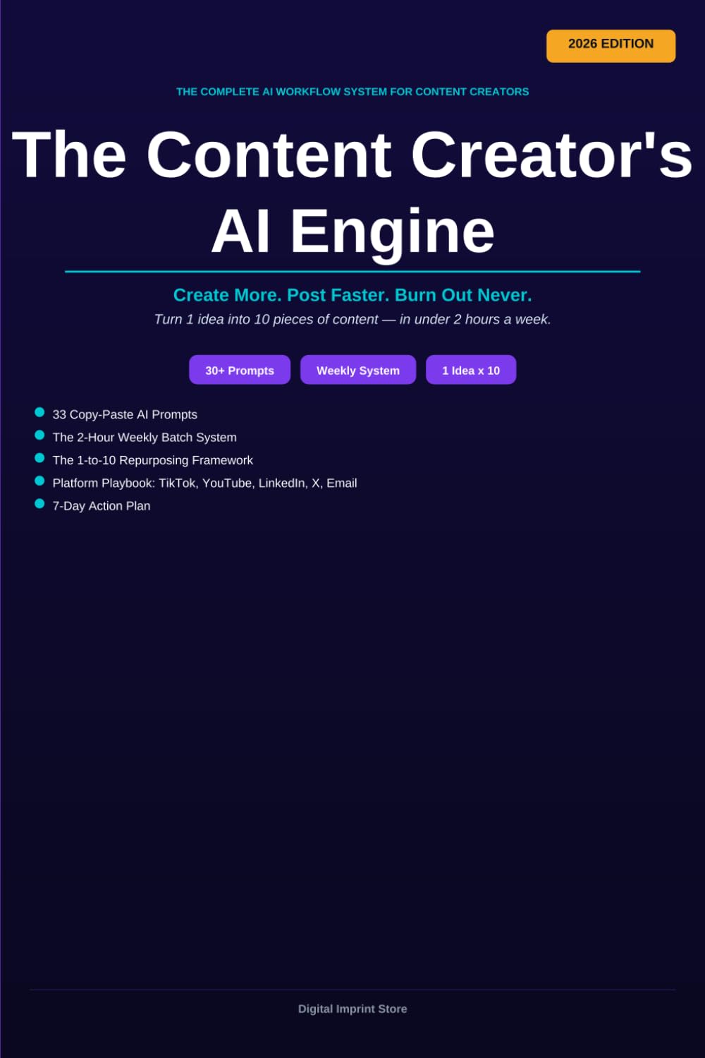 The Content Creator's AI Engine: Create More, Post Faster, Burn Out Never — 33 AI Prompts, Weekly Batch System & 1-Idea-to-10-Posts Repurposing Framework