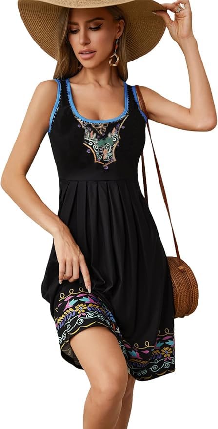 Image of Camisunny Women Casual Loose Tank Dresses Sleeveless Beach Vacation Dress Swing Pleated U Neck Fashion Soft