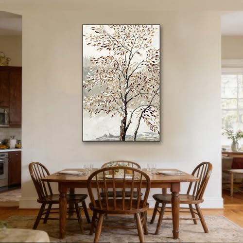 Image of Framed Abstract Tree Wall Art, 24 x 36 Inch Modern Birch Landscape Canvas Print, Neutral Beige Brown Painting Decor for Living Room Bedroom Office