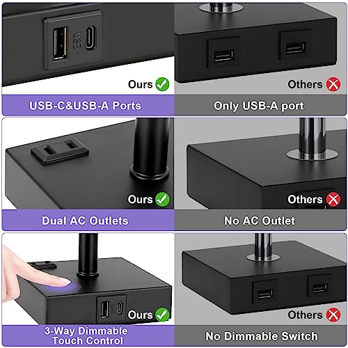 Image of Black Lamp for Bedroom-Touch Lamp with USB-C+A and AC Outlets,3 Way Bedside Nightstand Square Table Lamp for Kids, Guest Room Living Rroom,Office, 800 Lumens 5000K Daylight Bulbs Included