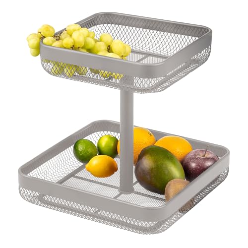 eluno Bandeja cuadrada de 2 pisos para frutas, pan, frutero, frutero, cesta de metal, mucho espacio para el almacenamiento claro de frutas, verduras, pan y aperitivos en la cocina y el salón (pargo)