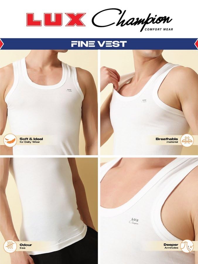 Image of Lux Champion Men's Cotton Vest RN | 100% Super Combed Cotton | Round Neck, Sleeveless, Breathable, Sweat-Absorbent Comfortable Lux Vest for Daily Use | Pack of 5